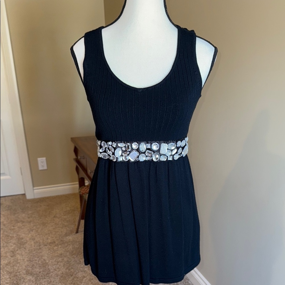 Belldini Black Ribbed Women's Top, Beaded Embellished Waist, Satin Tie At Back